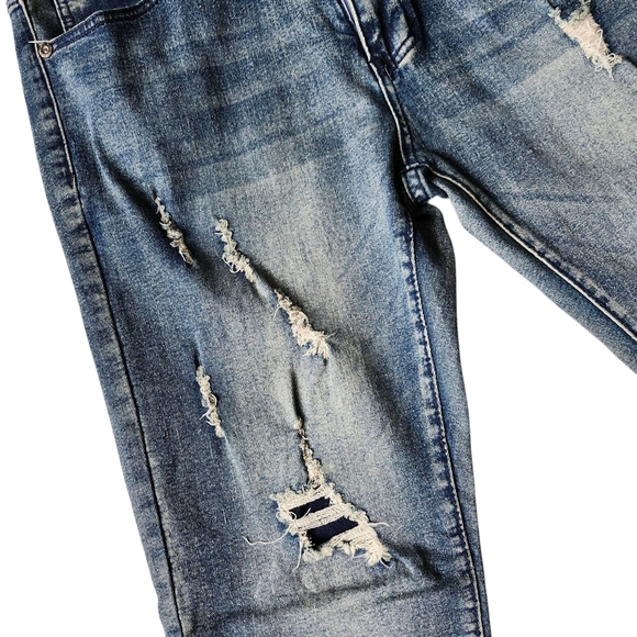 Men’s Distressed Vintage Bkue Wash Denim Skinny Jeans - Picture 4 of 9